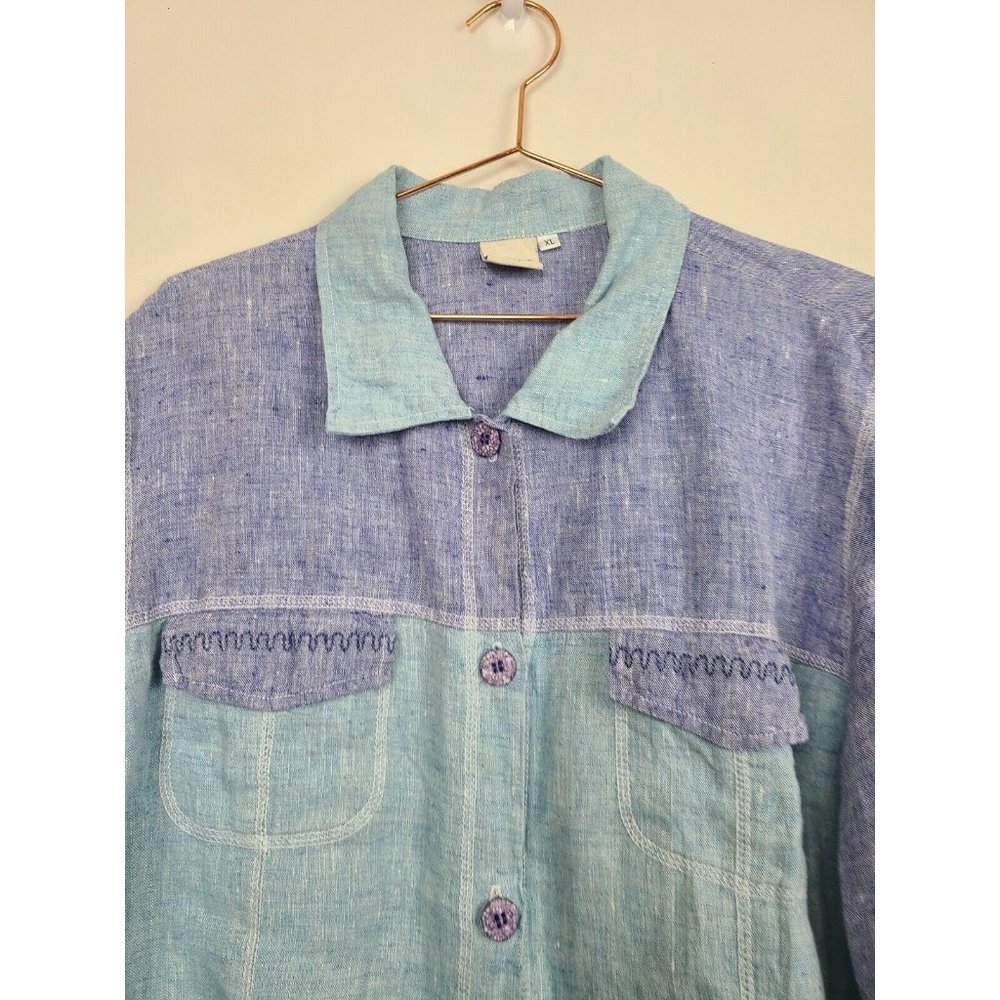 Focus Womens Blue Purple Linen Button Up Long Sleeve Lightweight Jacket Size XL - Picture 2 of 7